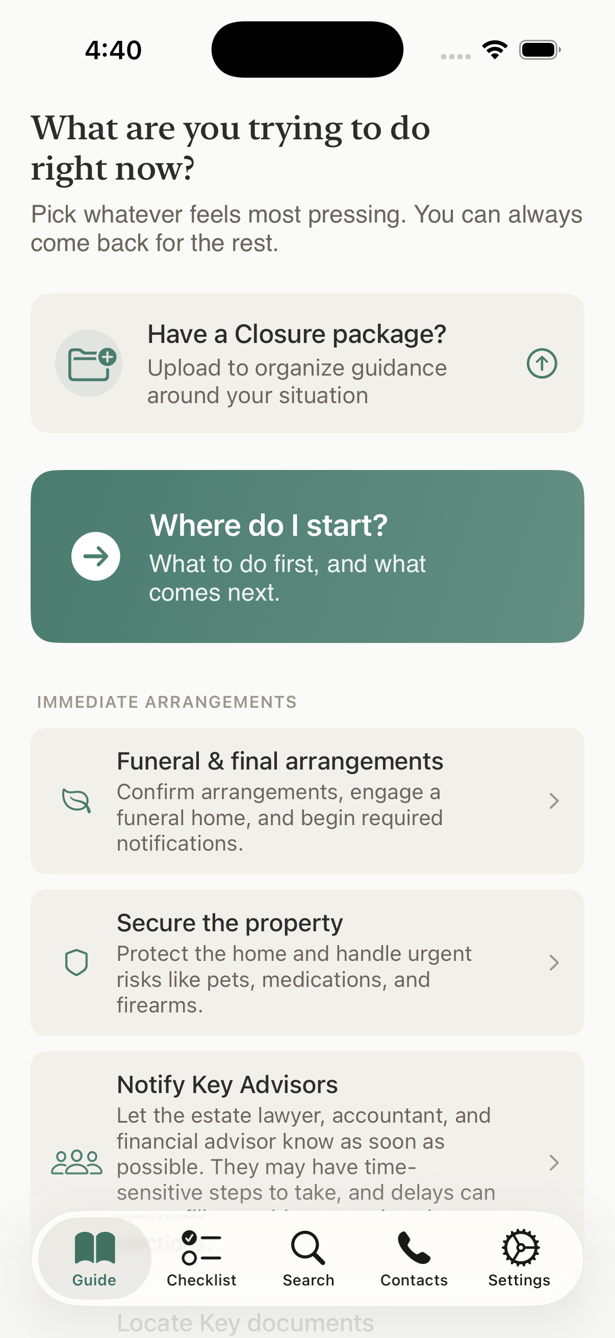 Closure's Guide screen showing 'What are you trying to do right now?' with task categories