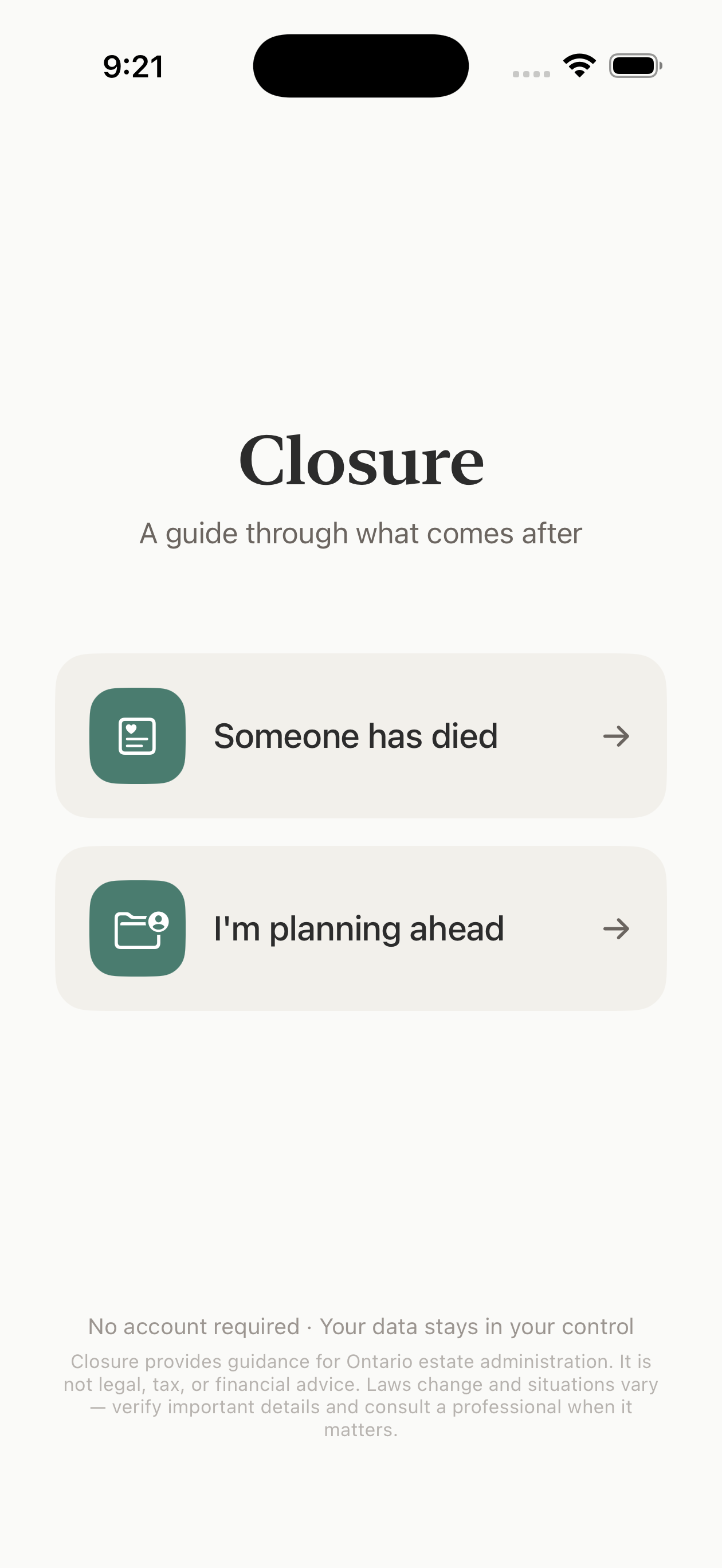 Closure app opening screen asking: Someone has died, or I'm planning ahead